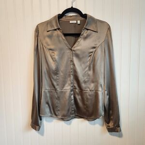 SEMANTIKS Bronze Silk Blend V Neck Button Up Blouse Top Small